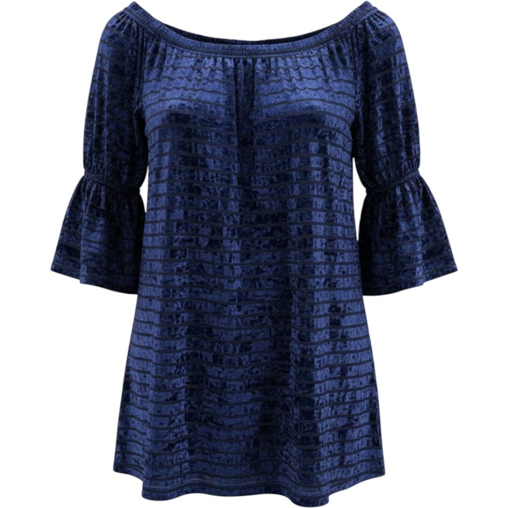 Hayden Womens S Navy Blue Velvet Burnout Striped Bell Sleeve Boho Dress H5511